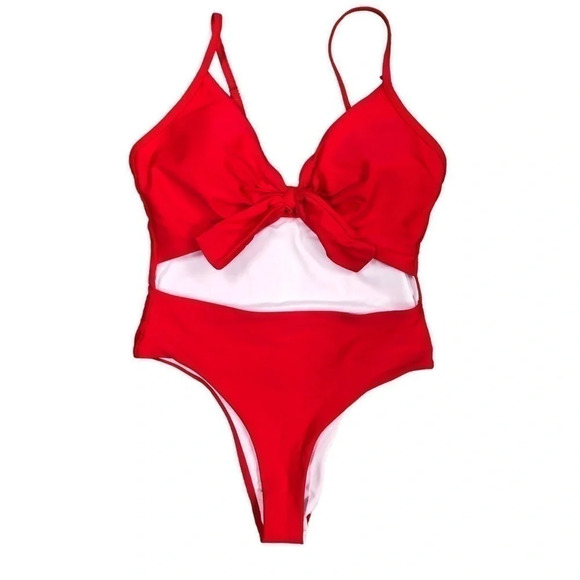 One piece swimsuit with cutout‎ middle and tie in front / Red / EUC / Sz Medium - Picture 1 of 5